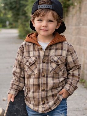 Boy’s sz 4T Button Up Hoodie Plaid Tan Brown